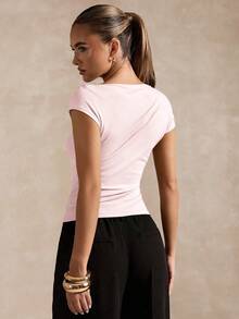 SHEIN BAE Women's Y2K Solid Color Metal Decor Asymmetric Neck Ruched Fitted T-Shirt