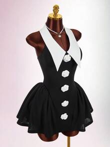 3D Floral Pointed Collar Low-Cut Waist Flared Mini Dress Black White Dress 2000s Dress Button Dress - Black and White - View 10