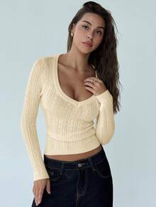 Aloruh New Stylish Deep V-Neck Long Sleeve Fitted Vintage Cable Knit Minimalist Pullover Sweater, Versatile Outerwear In Fall/Winter,Sweaters For Women - Beige - View 3