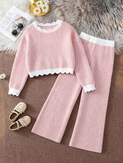 SHEIN Tween Girl Knitted Sweater And Straight Leg Pants 2-Piece Set, Fashionable Color Combination, Long Sleeve, Autumn/Winter Children Outfit Girls Ditsy Floral Pants Set Girls 2-Piece Set, Pink, Suitable For Girls Girls Pants Girls Sweater Pants Set, Suitable For Outings, Outdoor, Sports, Autumn/Winter Girl Knit Set Girls Pink Two Piece Set Tween Matching Set Knit Tweens Two Piece Set Preppy Two Piece Set