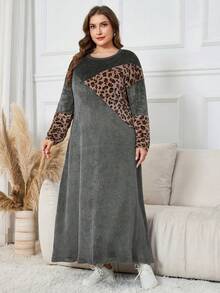 Lacomfia Vestido casual de mujer talla grande reversible de franela con estampado de leopardo y patchwork - Gris - Ver 3