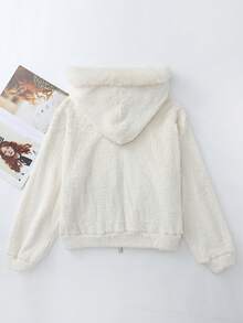 Franclia 休闲时尚泰迪绒外套，纯色蓬松连帽拉链简约外套，秋冬款 - 米色 - 查看 2