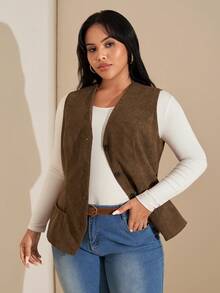SHEIN Tall CURVE 大码女装秋季纯色灯芯绒单排扣开襟马甲外套，大码女装，夏秋季，街头风女装，乡村音乐会，复古风格女装，大码西部马甲，大码灯芯绒马甲，适合初秋、外出、西部风、女性度假、初秋、秋季女装、冬季女装、秋季女装 - 棕色 - 查看 4