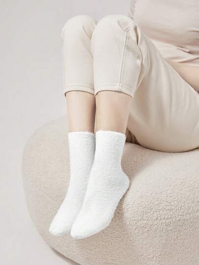 LUVLETTE 5 Pairs Autumn/Winter Solid Color Fluffy Lined Warm Crew Socks For Women