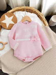 Baby Girl Casual, Fashionable And Cute Pink With Bow Pattern, Three-Dimensional Bow Decoration, Knitted Sweater Bodysuit, Soft And Comfortable, Suitable For Daily Scenes, Scenes, Travel Scenes Cozy Pixies Baby Girl Set Baby Girl Pink Romper Baby Girl Long Sleeve Romper Pink Bow Baby Outfit Newborn Baby Girl Clothes Winter Baby Girl Suit In Pink New Born Baby Girl Clothes Winter - Pink - View 6
