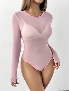 SHEIN PETITE See Through Mesh Bodysuit Without Lingerie - Pink - View 2