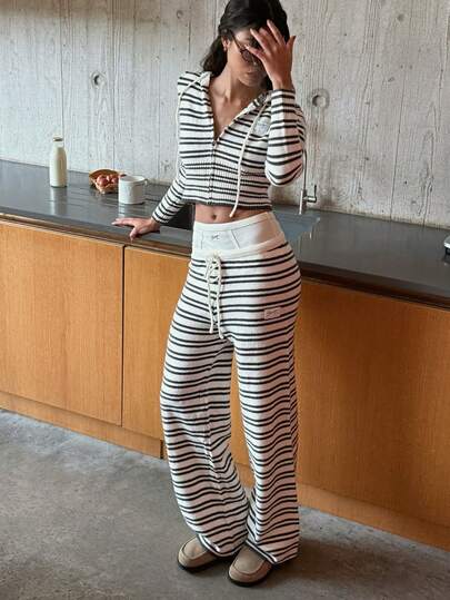AiiRZ Striped Knit Co-Ord Set Long Sleeve Crop Top Wide Leg Pants Loungewear Matching Outfit