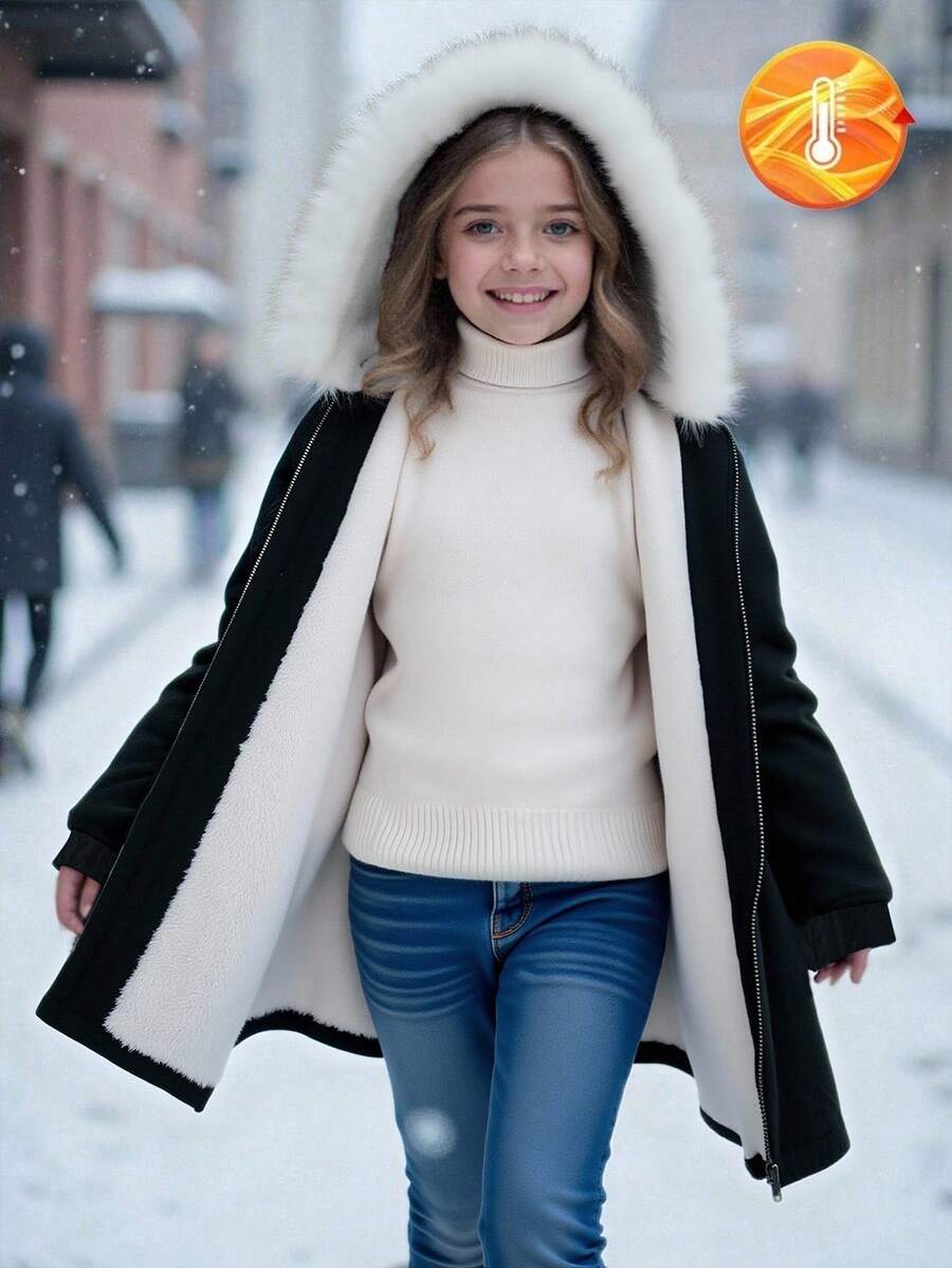 SHEIN Tween 女童休闲百搭百搭校园日常穿着保暖毛绒领中长款连帽针织夹克，秋冬 - 黑色 - 查看 1