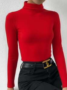Playera camiseta cuello de tortuga dama mujer manga larga básico liso look casual cómodo versátil elegante femenino minimalista práctico moda atemporal combinación fácil - Rojo - Ver 1