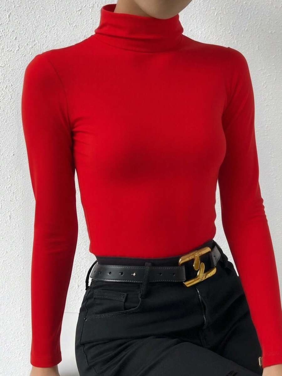 Playera camiseta cuello de tortuga dama mujer manga larga básico liso look casual cómodo versátil elegante femenino minimalista práctico moda atemporal combinación fácil - Rojo - Ver 1
