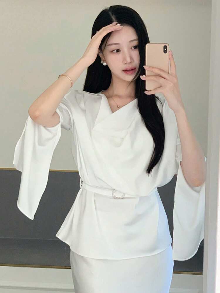 Women's Elegant Satin Ruffle Collar Shirt With Waist Tie And Puff Sleeves Long Sleeve