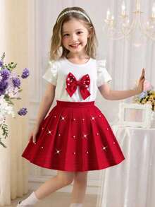 Elladie kids 2件套：女童甜美白色荷叶边袖珍珠蝴蝶结T恤+酒红色铆钉百褶裙，适合生日派对、春夏穿着 - 酒紅色 - 查看 3