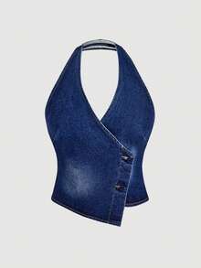 Sweetra Women's Sexy Fashion Street Chic Backless Wrap Button Asymmetrical Hem Halter Denim Blouse, Summer - Blue - View 1