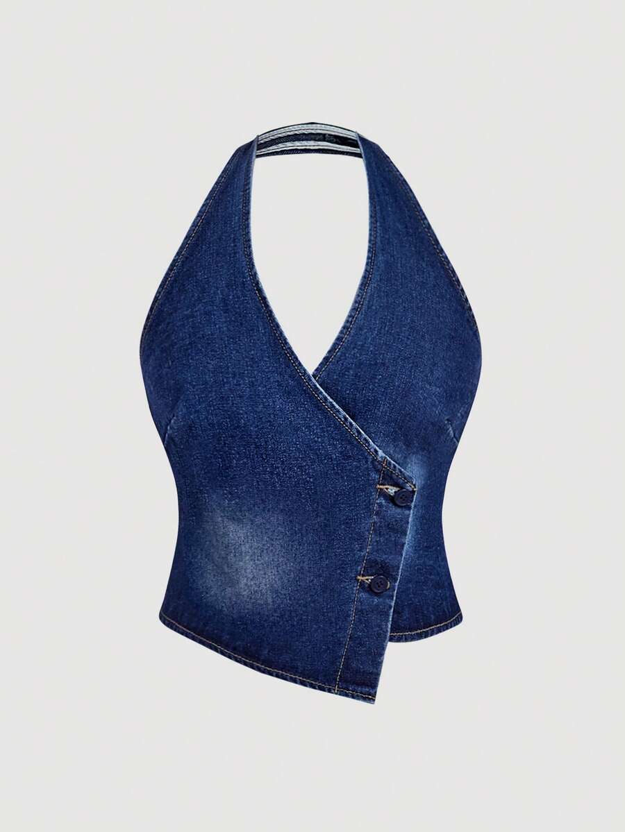 Sweetra Women's Sexy Fashion Street Chic Backless Wrap Button Asymmetrical Hem Halter Denim Blouse, Summer - Blue - View 1