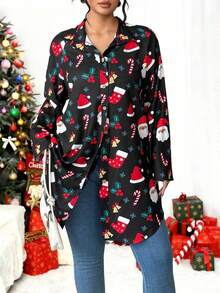 EMERY ROSE Plus Solid Button Front Blouse Women Shirt - Black - View 1