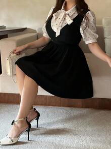Flirla 大码女式秋冬俏皮黑白波点拼接短袖可拆卸蝴蝶结荷叶边迷你连衣裙 - 黑色 - 查看 6