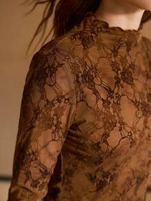 MOTF PREMIUM ALLOVER FLORAL PATTERN FUNNEL NECK LETTUCE TRIM SLIM FIT TOP - Coffee Brown - View 1