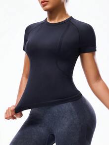 Seamluxe SHEIN Sport Women's Solid Color Minimalist Casual Round Neck Short Sleeve Sports T-Shirt - Black - View 1