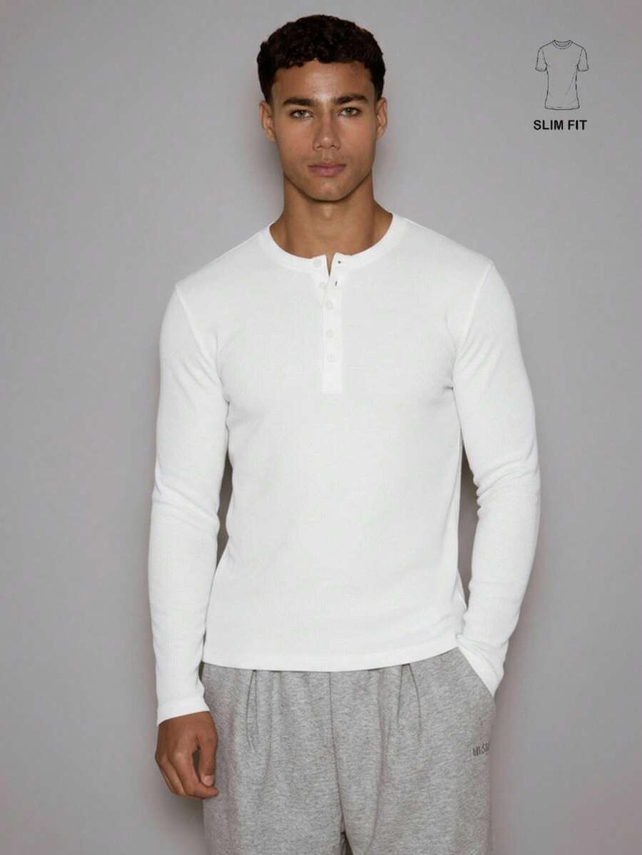 Musero Waffle Knit Front Popper Long Sleeve Top Layering Autumn Winter - White - View 1