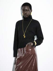 Lumivelle Casual Solid Color Turtleneck Sweater, Autumn/Winter - Black - View 5