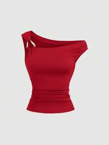 Sweetra 2pcs/Set Asymmetric Collar Fitted T-Shirt, Versatile Casual Top, Spring/Summer - Multicolor - View 4