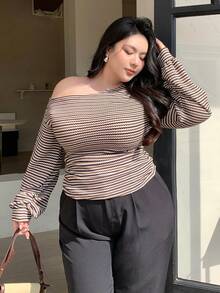 Dazy Plus Fashionable Casual Striped Off-Shoulder Lantern Sleeve Fitted Cropped Elegant Long Sleeve T-Shirt - Khaki - View 9