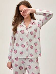 Loomlin Baumwolle Damen 2-teiliges Homewear Pyjama Set mit Erdbeeren & Früchte Muster und Knopfdetails, bequem