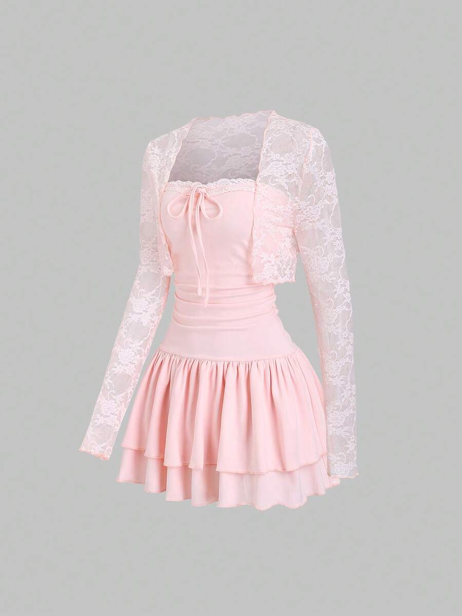 Sweetra Women's New Contrast Lace Tie Front Ruched Waist 2-Piece Set, Includes Sleeveless Dress And Lace Cardigan, Suitable For Party, Date, Vacation, Spring/Summer/Autumn