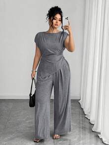 Elenzga Plus Size Stand Collar Ruched Shoulder Pleated Top With Asymmetric Hem + Ruched Waist Casual Wide Leg Pants - Grey - View 7