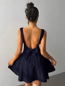 Aloruh Robe mini élégante et sexy sans dos et sans manches de couleur unie pour femmes - Bleu marine - Voir 2