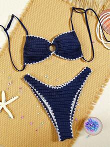 Swim SXY Women's Solid Color Jacquard Fabric Bubble Pattern Spaghetti Strap Drawstring Tie Circular Ring Decor Shell Flower Trim Casual Sexy Beach Bikini Swimsuit Set, Spring/Summer