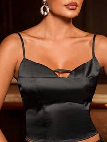 L'Amorae 女士纯色时尚缎面商务休闲吊带背心 - 黑色 - 查看 2