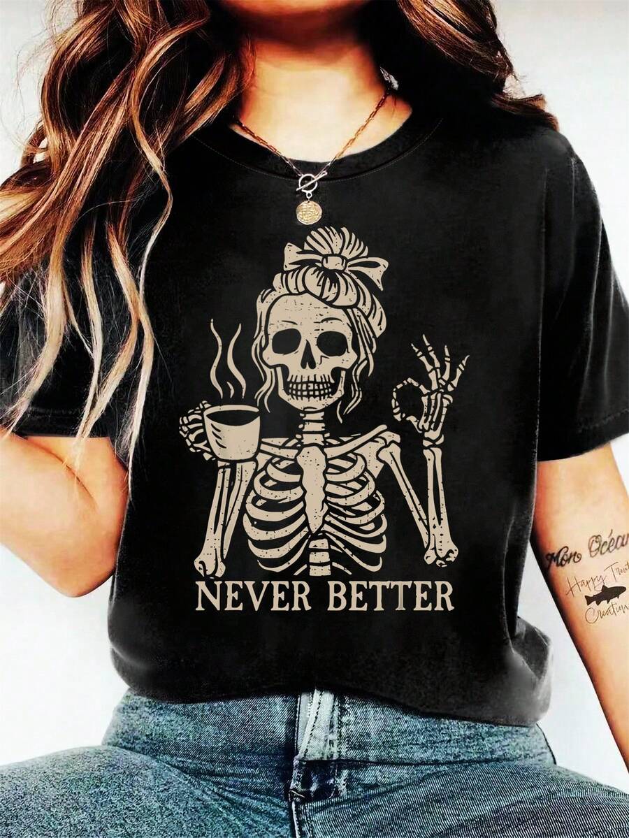 EMERY ROSE 咖啡骷髅女孩字母圆领短袖时尚女式T恤 - 黑色 - 查看 1