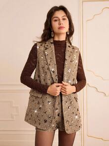 Lilora Women's Lapel NeckSequin Decor Casual Sleeveless Blazer Winter For Women Elegant Sequined Vest Blazer For Women Party New Year Tweed Dresses For Women Elegant And Fashionable