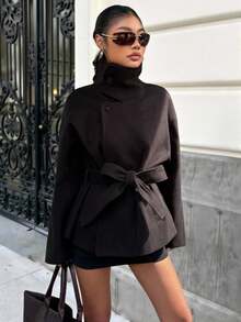 SHEIN EZwear Women's Warm Coat: Black Double-Button Closure, Belted High Waist & Wide Long Sleeves | Casual Drop Shoulder Style Women's Black Casual Coat For Autumn & Winter - High Collar, Belted Waist, Warm With Drop Shoulder & Wide Long Sleeves - Black - View 3