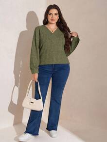 SHEIN LUNE Áo thun dài tay màu xanh lá cây dành cho nữ cỡ lớn, có lớp lót giữ nhiệt, thích hợp cho kỳ nghỉ thu đông. - xanh quân đội - Xem 4