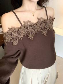 DAZY Women's Solid Color Embroidered Applique Long Sleeve Sweater - Brown - View 6
