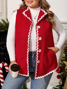 Enliva Chaleco rojo de talla grande para mujer para otoño/invierno, chaqueta con detalles de bolsillo de color contrastante, para silueta redondeada tipo manzana - Rojo - Ver 3