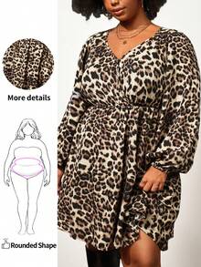 Enliva Robe longue à manches longues pour femmes grandes tailles, robe imprimée léopard à taille élastique, pour la morphologie arrondie en pomme - Tabac - Voir 1