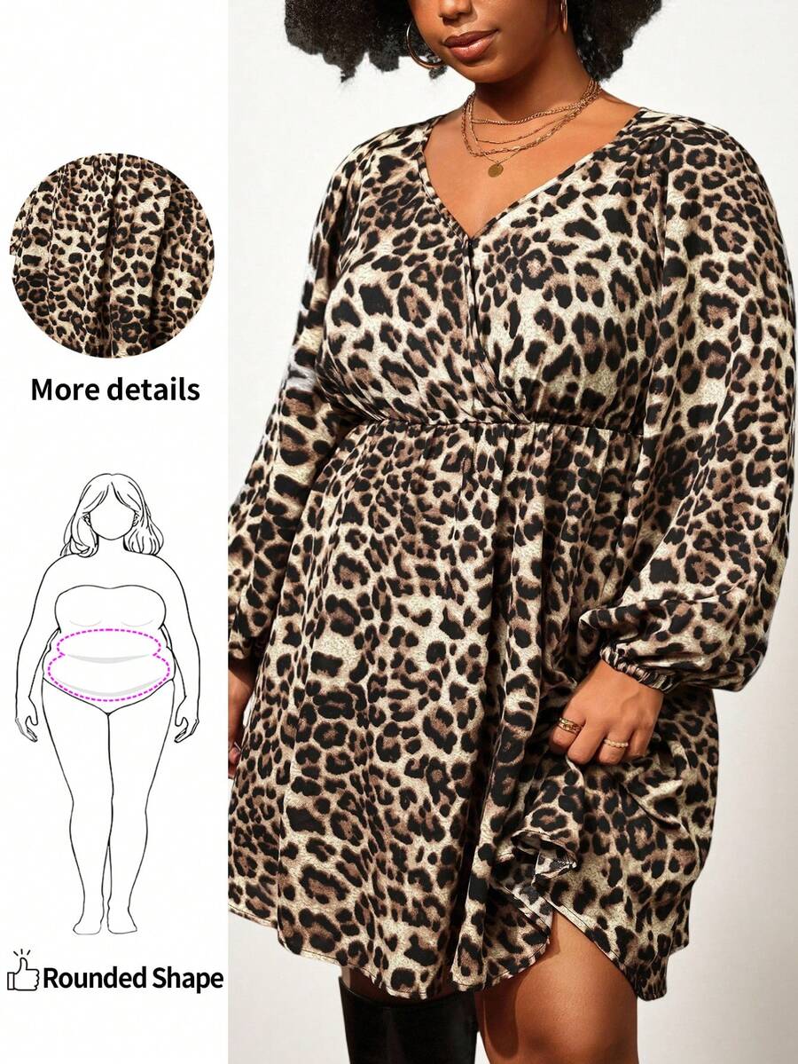 Enliva Robe longue à manches longues pour femmes grandes tailles, robe imprimée léopard à taille élastique, pour la morphologie arrondie en pomme - Tabac - Voir 1