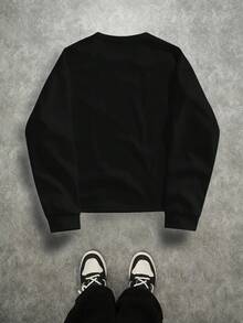 Manfinity EMRG 男士休闲街头风口哨十字印花圆领卫衣，秋季款 - 黑色 - 查看 5