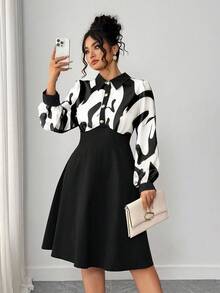 Elenzga 大码女式时尚百搭法式复古奢华优雅通勤休闲日常晚会派对度假条纹纽扣长袖连衣裙（Kooky Elegance 系列 - Woe Is Me Vibes - Wednesday Aesthetic） - 彩色 - 查看 2