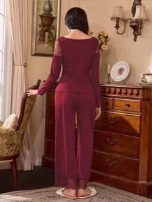 Côtesoire Lace Patchwork V-Neck Bow Tie Decor Long Sleeve Pajama Set - Burgundy - View 2