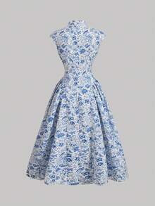 SHEIN MOD 新款中国风蓝色碎花连衣裙，带搭扣装饰，教师装，秋季连衣裙，返校季服装，返校节礼服，约会之夜连衣裙，蓝色女装 - 藍色 - 查看 2