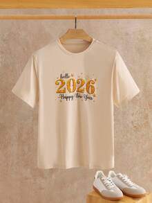 Manfinity NXTstreet 男士休闲字母数字印花圆领短袖T恤，新年款 - 卡其色 - 查看 9