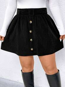 Elenzga Plus-Size Casual Black Button-Decorated A-Line Skirt,Women's Smart Casual Autumn Everyday Back-To-School Elegant Short Skirt For Office Party Wedding - Black - View 6
