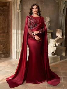 Aureia Váy đuôi cá dáng suông dài tay bo gấu, cổ tròn, thêu sequin, chất liệu satin co giãn, sang trọng, thanh lịch, cỡ lớn, phù hợp cho tiệc tối, tiệc độc thân, hẹn hò, dạ hội, đám cưới, dịp trang trọng (trang trí nhiều) - Màu Đỏ Sâu - Xem 4