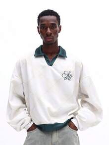 SUMWON 男士长袖 Polo 衫，饰有刺绣 Logo，翻领设计，宽松版型，休闲秋冬上衣，纯色 - 杏色 - 查看 4