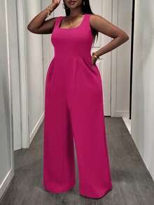 Slaydiva Bộ jumpsuit ống rộng không tay màu đen trơn, thanh lịch và thoải mái, phù hợp cho phụ nữ ngoại cỡ. - Màu Hồng Tươi - Xem 4
