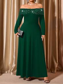 Cravure Đầm trễ vai thanh lịch cỡ lớn cho nữ, thích hợp cho tiệc tùng và hẹn hò - Màu xanh lá cây đậm - Xem 4